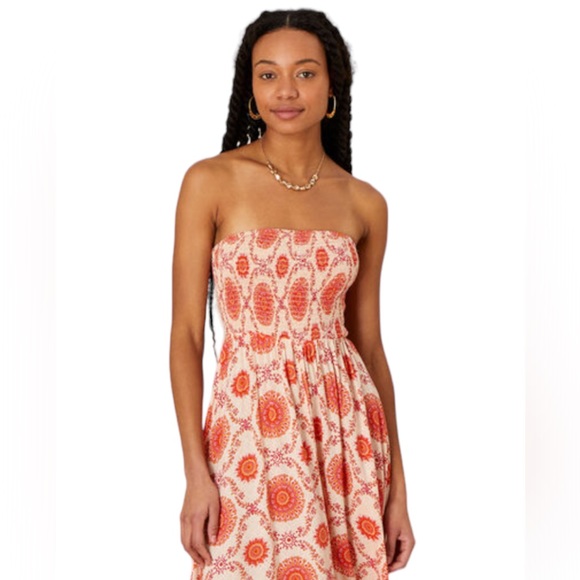 Monsoon Beach Tropical Print Shirred Bandeau Floaty Dress Front Slit Size Small - Picture 6 of 17